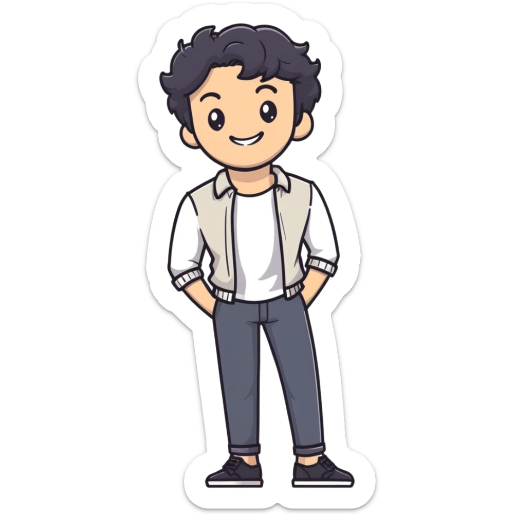 Casual business strategist with black wavy hair, stubble, strong features, white skin, wearing casual Friday outfit with no tie, leaning back relaxed, friendly smile, personal and approachable for Instagram profile sticker