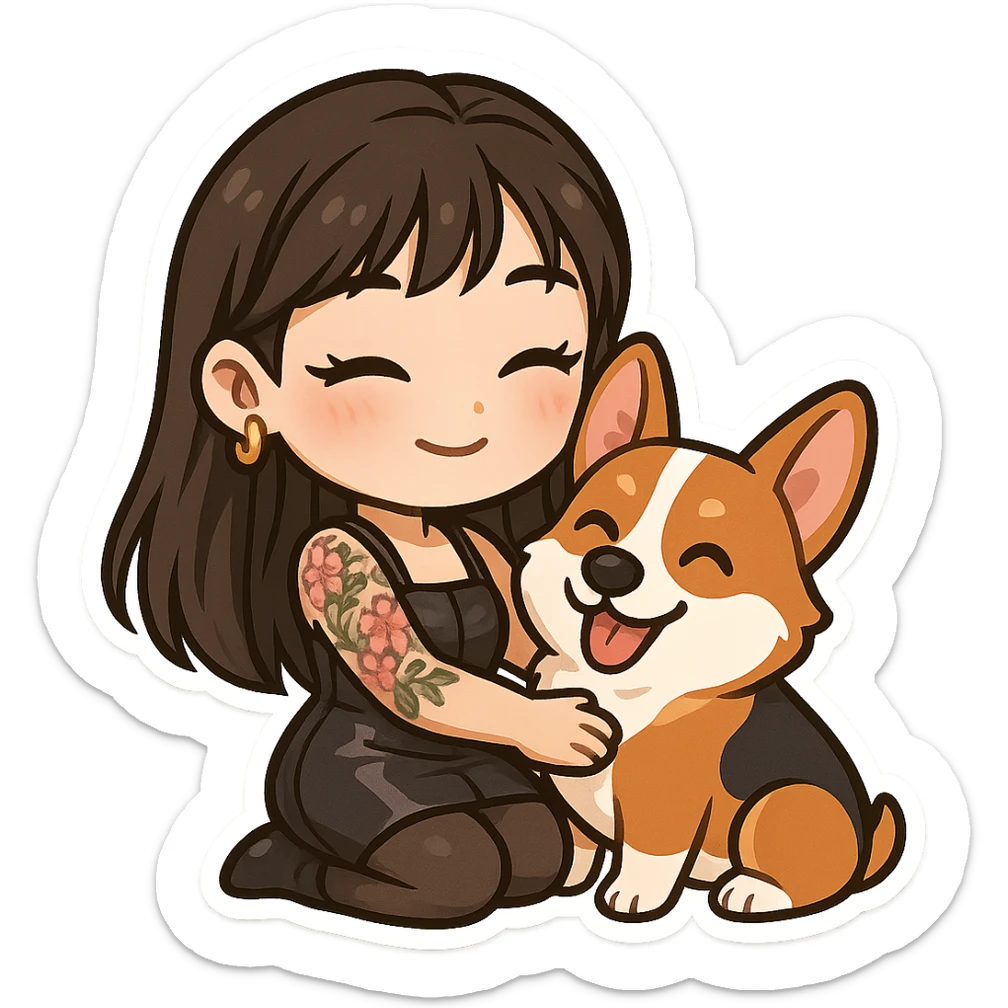 chibi sticker of an Asian girl with long hair and wispy bangs, black leather dress, gold earrings, subtle false lashes, and a 3/4 sleeve tattoo with flowers on her left arm, hugging a cheerful red head tri-color corgi, simplified, emoji-like sticker