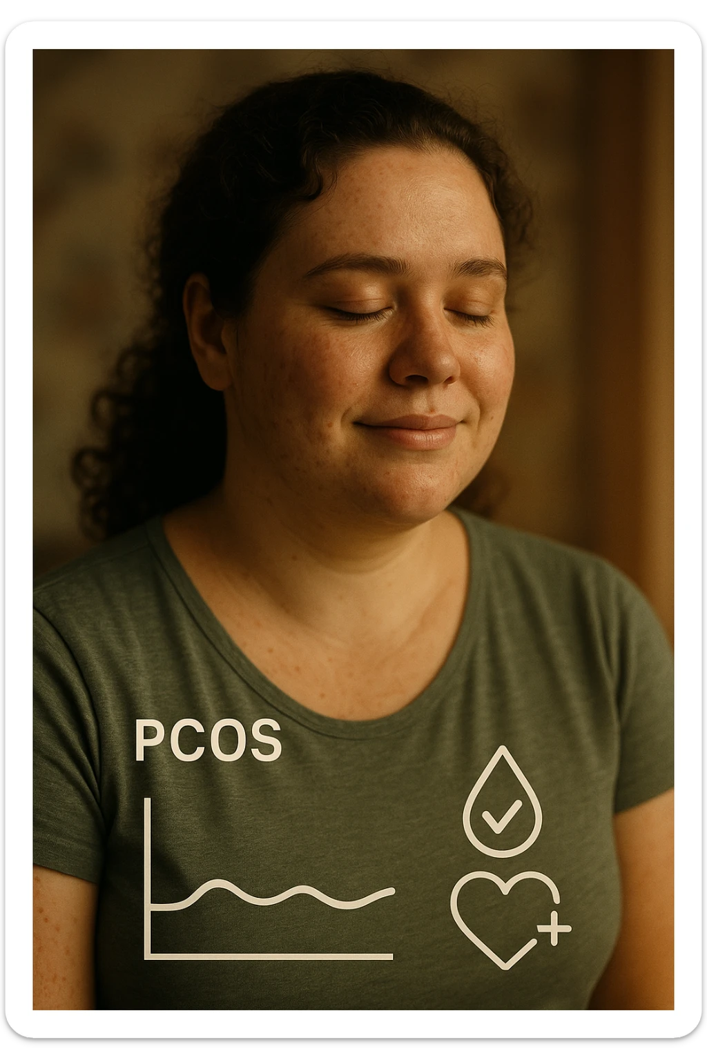 realistic cinematic portrait of a woman with PCOS, positive atmosphere, serene expression, symbols of stable blood sugar like stable graph and health visuals, vertical 2:3 aspect ratio, very few text sticker