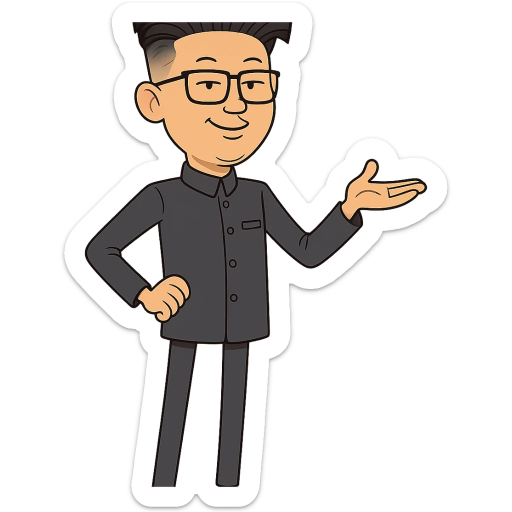 cartoon caricature of Kim Jong Un, skinny, wearing signature suit, confident expression, playful and lighthearted style sticker