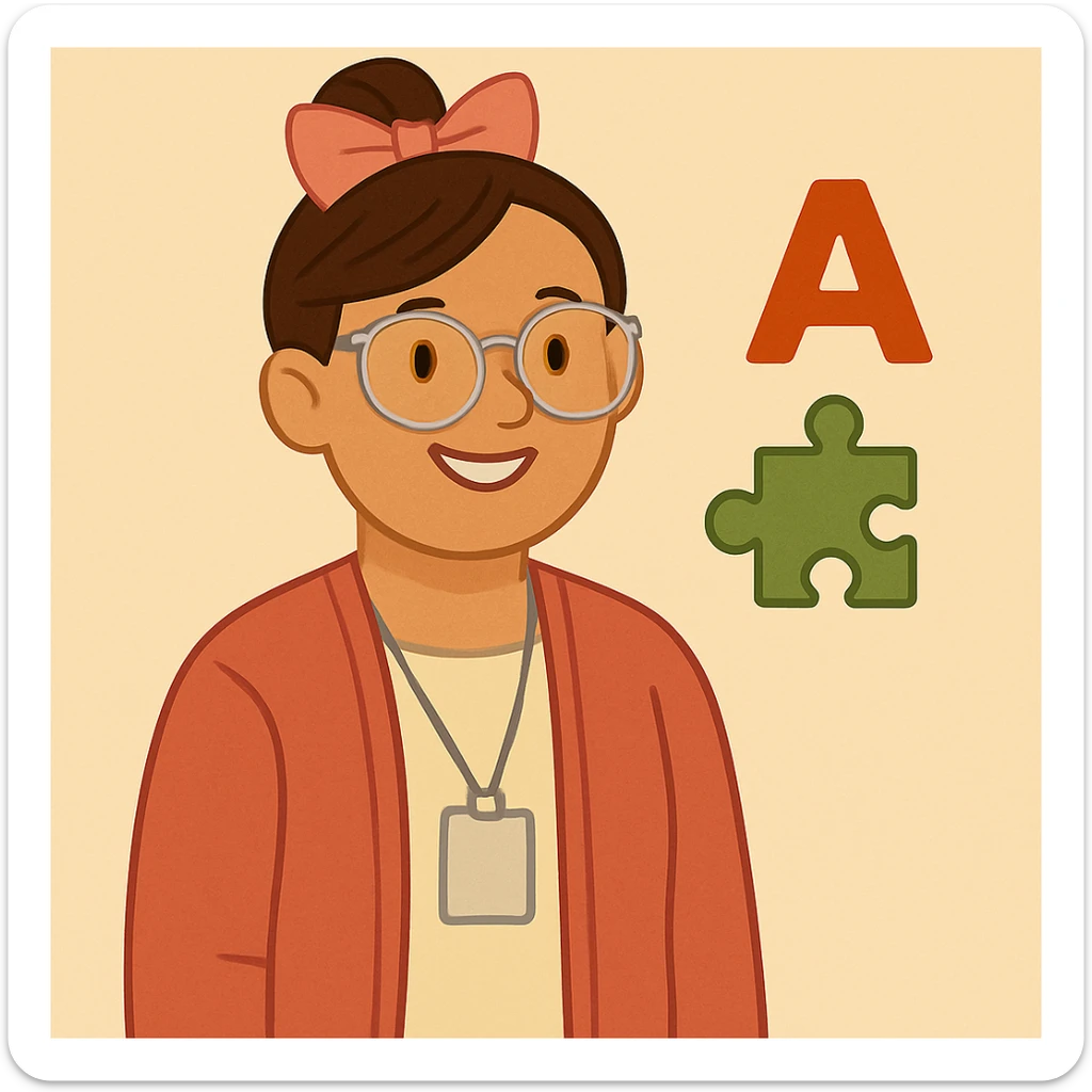 Add glasses to the special education teacher with a pink bow in her hair, maintaining a clear and friendly style. sticker