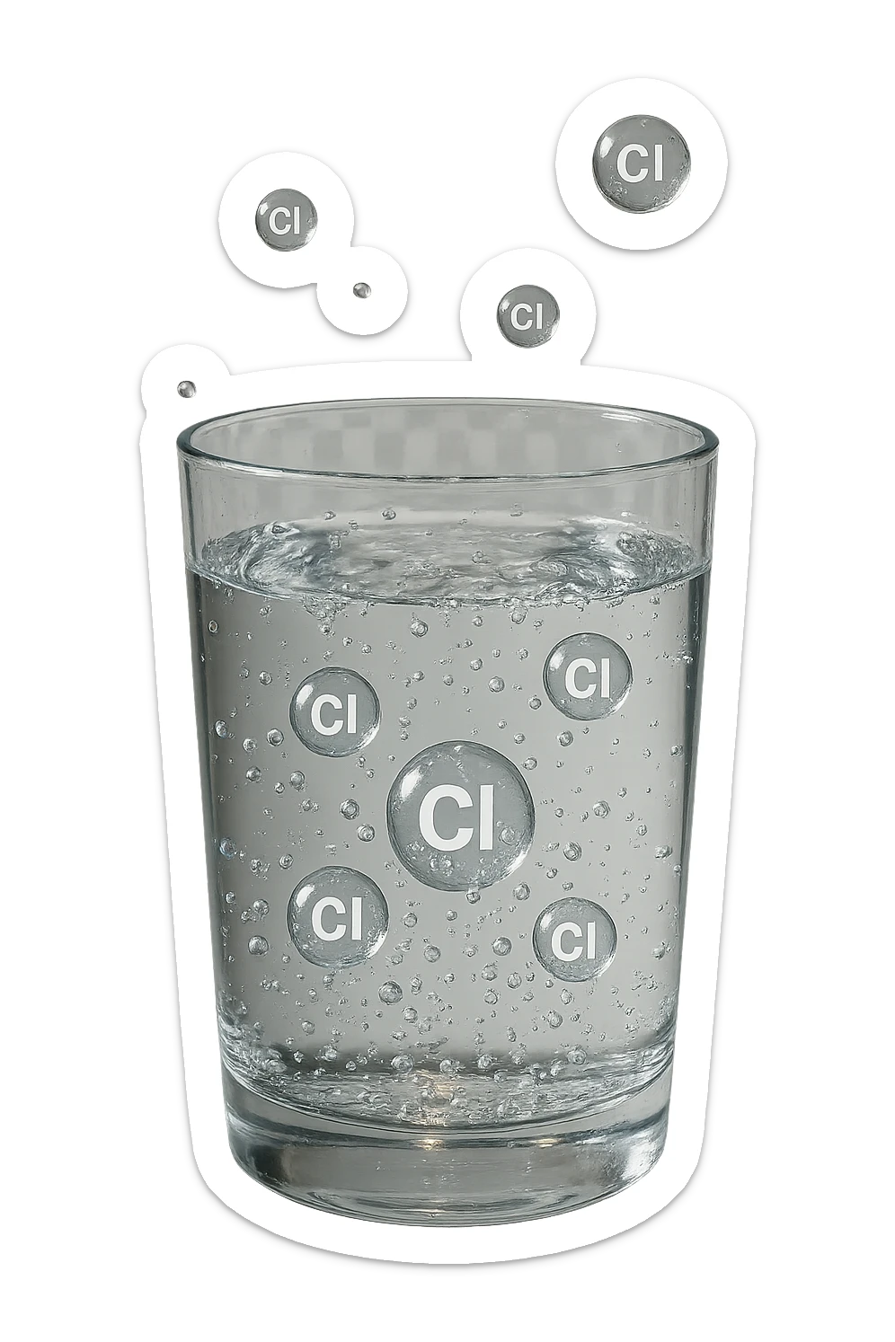 un bicchiere di acqua fluttua in aria realistico e dettagliato, dentro l'acqua del bicchiere ci sono particelle di cloro ben visibili con la scritta "Cl" sopra, ci sono particelle anche che escono dal bicchiere e fluttuan
o in aria verticalmente, mentre alcune sono all'interno dell'acqua nel bicchiere, iperrealistico 4k sticker