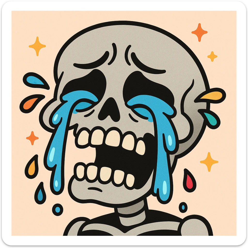 grey crying skull, cartoon style, expressive tears, colorful, bold lines sticker