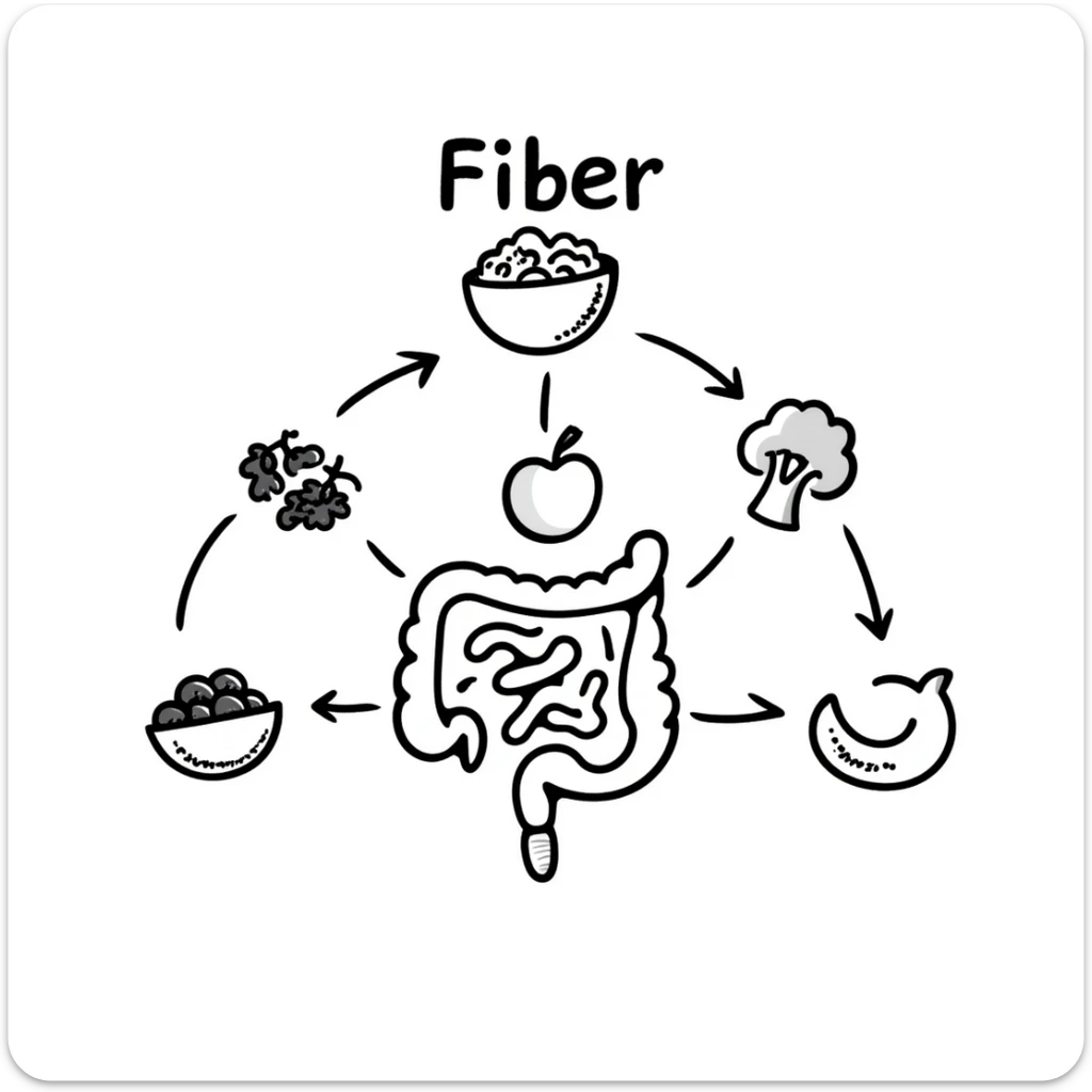 Hand-drawn doodle showing various fiber-rich foods like oats, beans, apples, berries, and broccoli with arrows pointing to a healthy intestine, with text showing 'Fiber' sticker