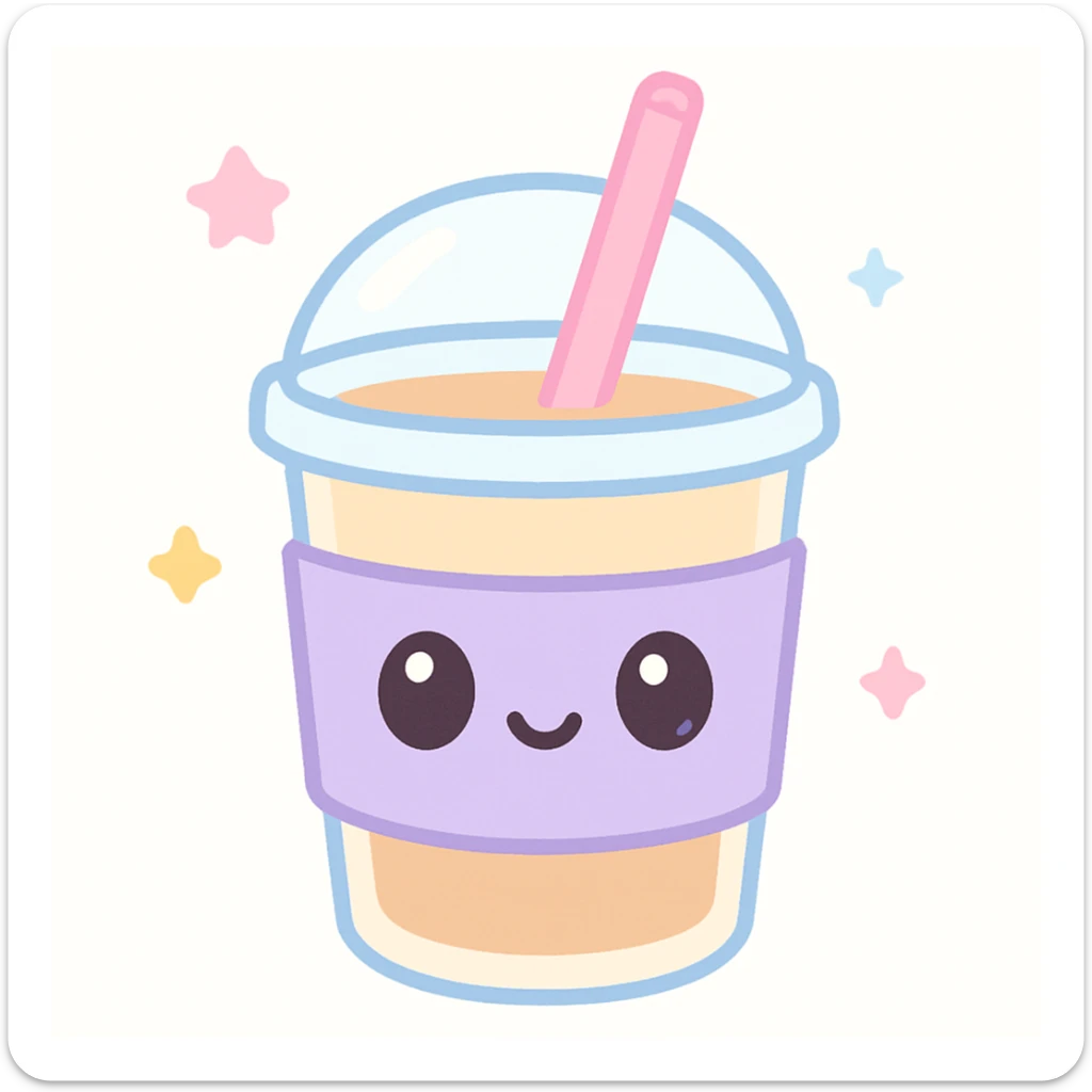 sweet tea cup with a lavender colored sleeve and a pink straw, kawaii style sticker