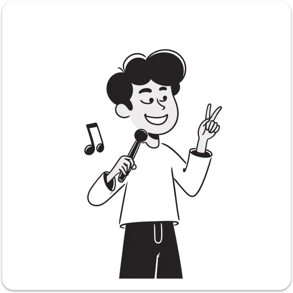 excited happy musician smiling, holding a microphone in one hand and a pencil in the other hand sticker