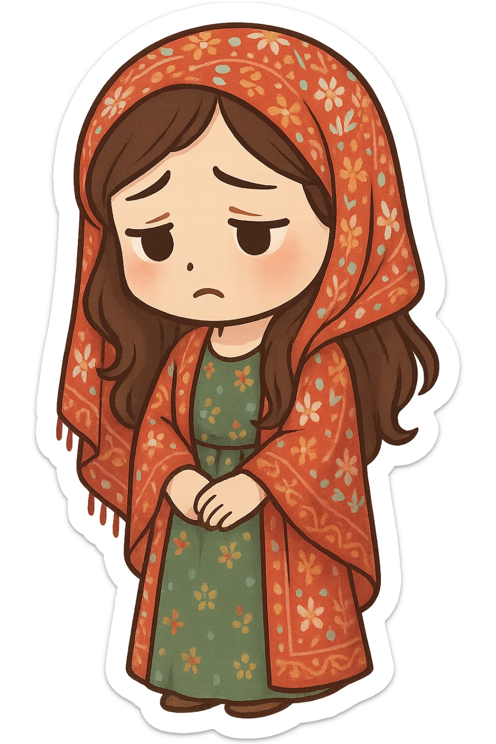 Kurdish woman in traditional dress jamadani, sad mood, cartoon style, sitting or standing with a sad face, no text sticker