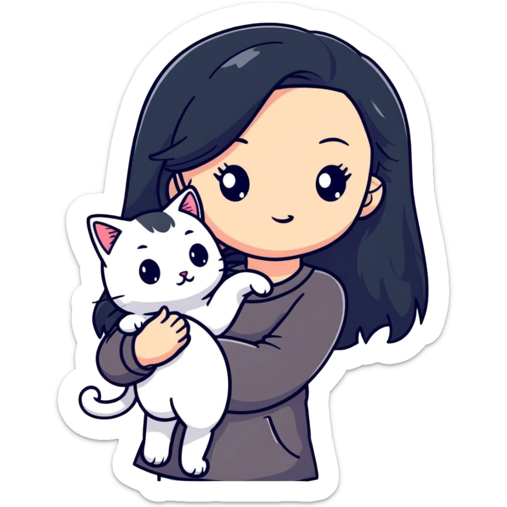 Beautiful girl with long black hair holding a hairless cat sticker