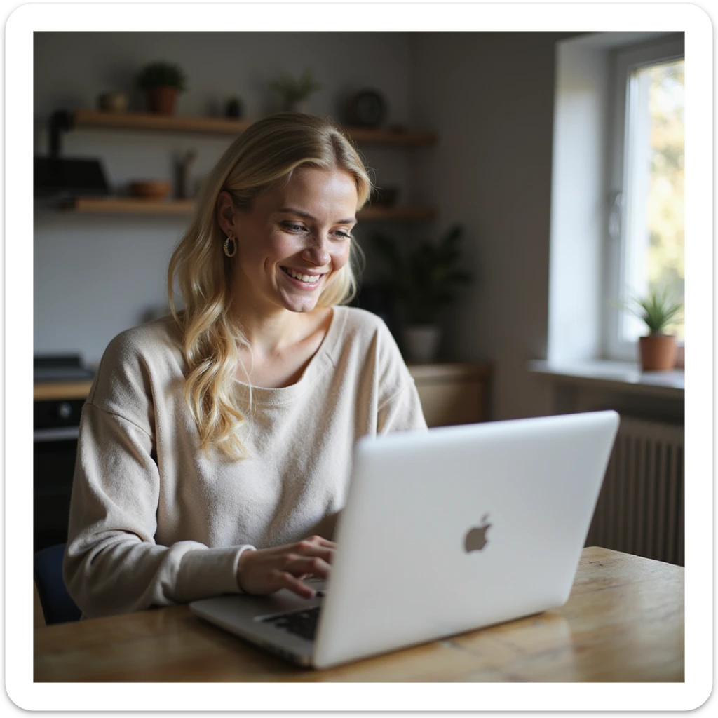 a beautiful blonde woman smiling and online shopping on her laptop, photorealistic style, modern home background sticker