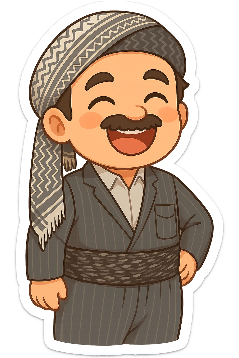 Cartoon sticker of a Kurdish man with the same clothes and scarf as the reference image, no changes to clothes or scarf, face with loud laughter and big smile, colorful and cheerful, no text, suitable for WhatsApp and Instagram, transparent background. sticker