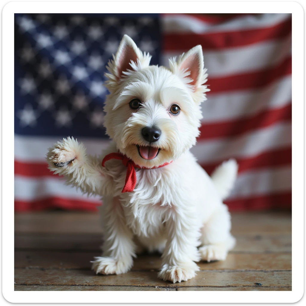 realistic West Highland White Terrier holding and waving an American flag with detailed fur texture sticker