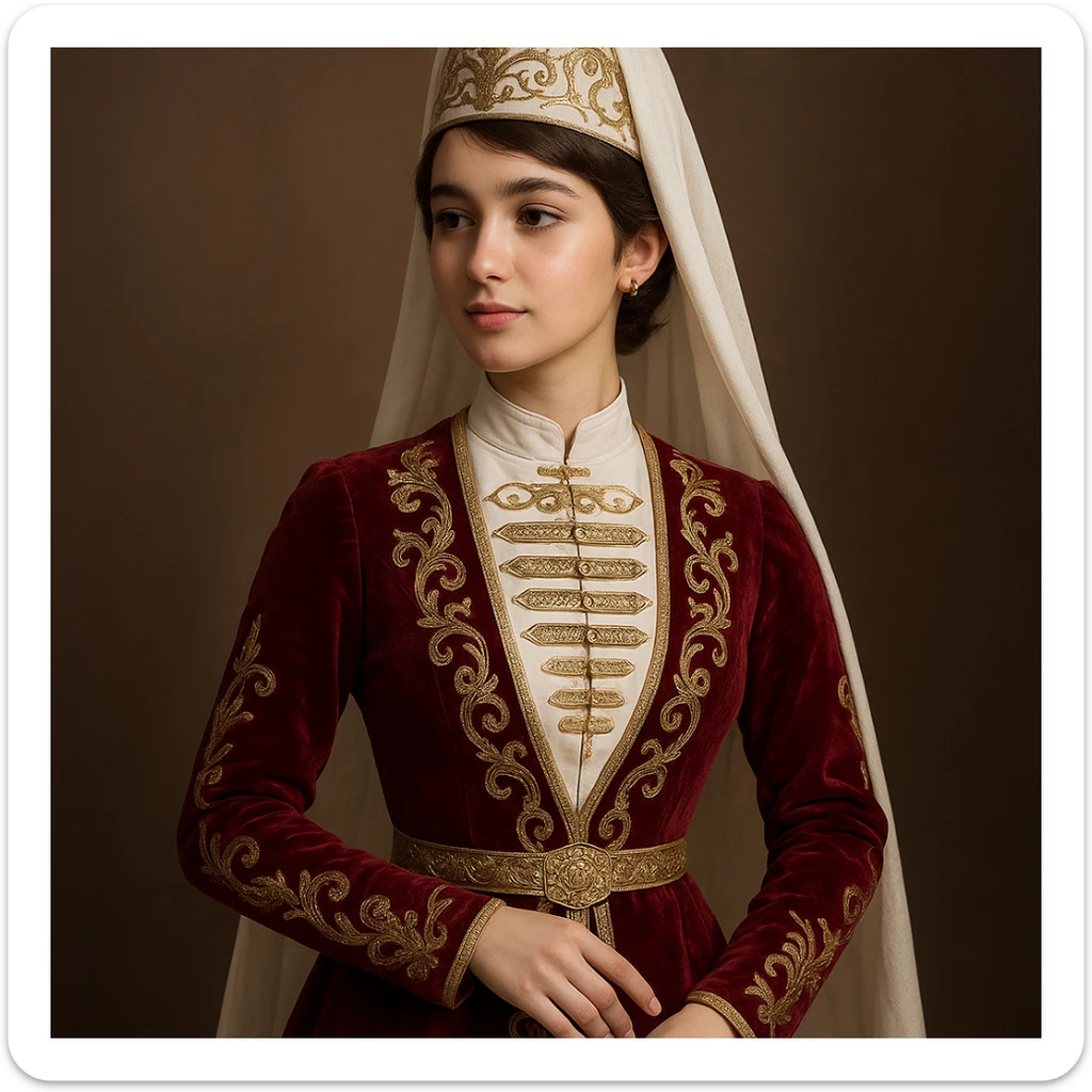 Chechen young woman, age 20, short brown hair, wearing a traditional Chechen costume, elegant pose sticker