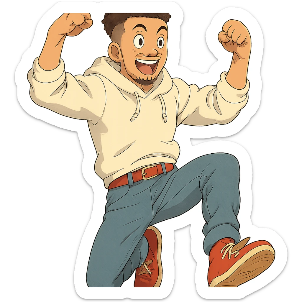1 male, mid fade haircut dark chestnut brown curly hair, toasted lightskin, white hoodie sleeves up, fashion jeans, red fashion-sneakers shoes, red belt, short trimmed beard and goatee,  style of deku from "my hero academia", doing a "hype" pose sticker
