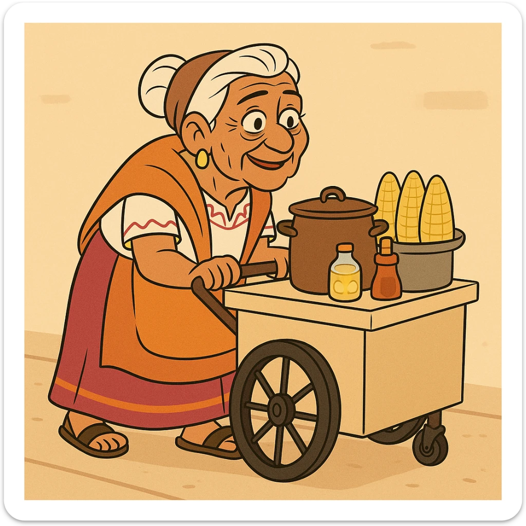 old Mexican lady pushing a food cart, warm and friendly, traditional dress, vibrant colors, street vendor, detailed, no text, flat toon cartoon style sticker