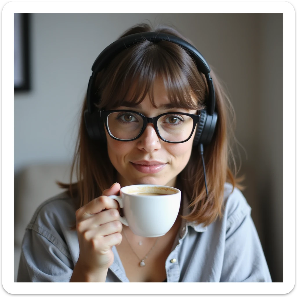 A girl with shoulder-length brown straight hair, wearing black-rimmed glasses, light skin, brown eyes, and black Marshall headphones, drinking a cappuccino. She is a social media manager, so include visual elements like a phone with social media apps or a laptop with analytics. sticker