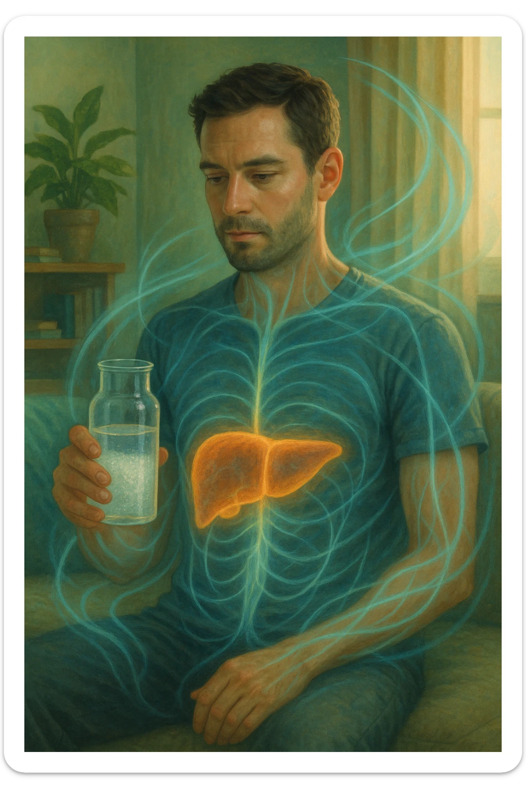 A man in a calm domestic environment, sitting with a transparent bottle or glass in hand containing an Epsom salt solution. He has a focused and aware expression. His body is partially transparent, with the liver highlighted brightly as if in a cleansing phase. Around the body, fluid energetic lines symbolize detoxification. The atmosphere is relaxed and natural, with warm light and green and blue tones representing health and purification. sticker