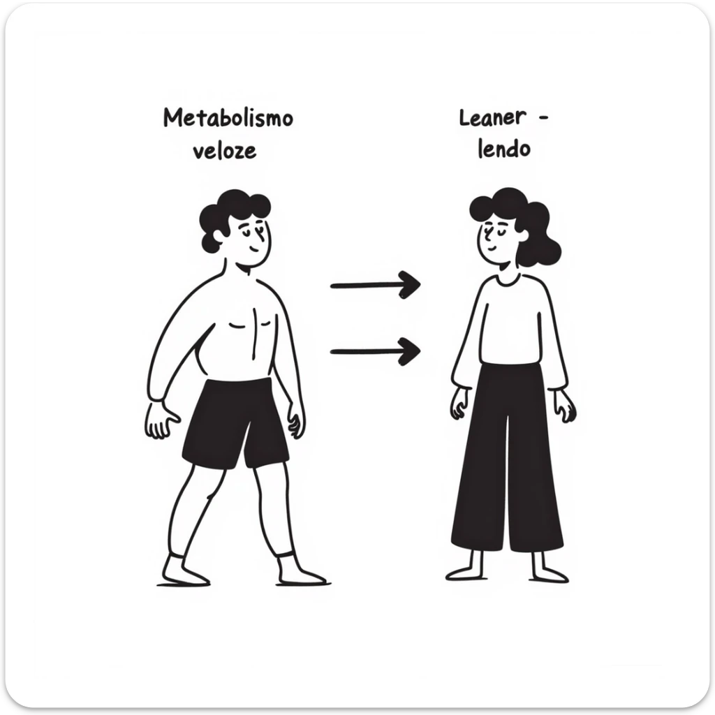 Illustrazione didattica: confronto tra corpo muscoloso e corpo magro con pochi muscoli, frecce che indicano “Metabolismo veloce” e “Metabolismo lento”, testo in italiano. sticker