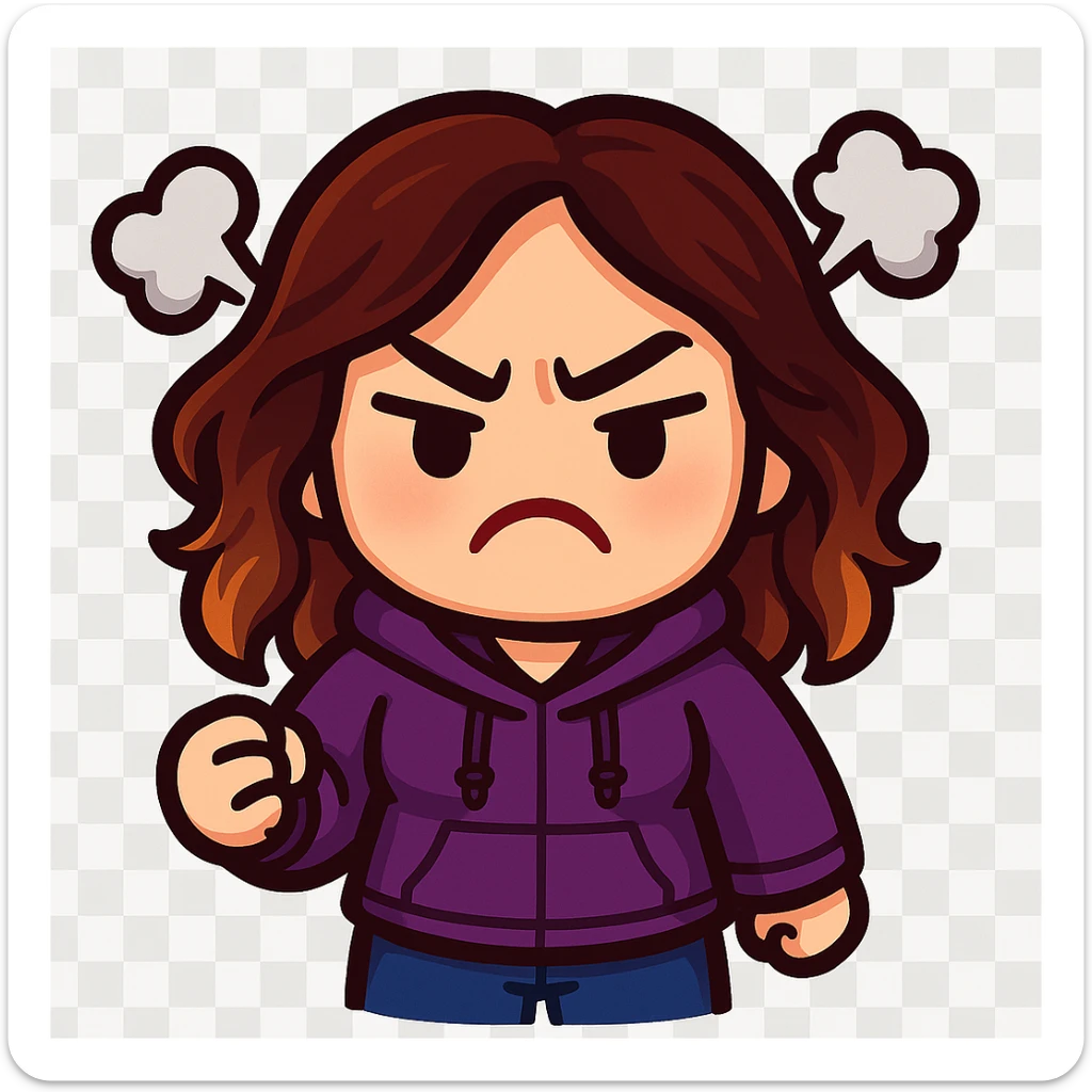 chibi emote of the woman from the reference images, wearing a purple hoodie and jeans, angry with steam puffs, no headband, no wand, transparent background sticker
