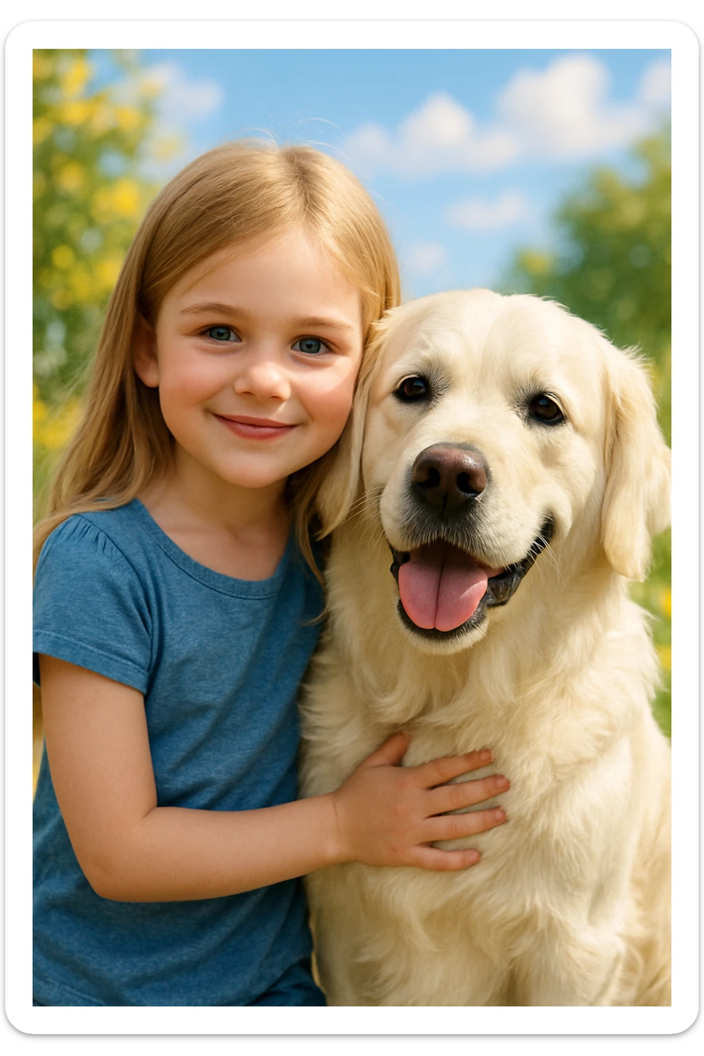 dirty blonde girl with long hair and dark blue eyes, standing with an English cream golden retriever, friendly and warm scene sticker