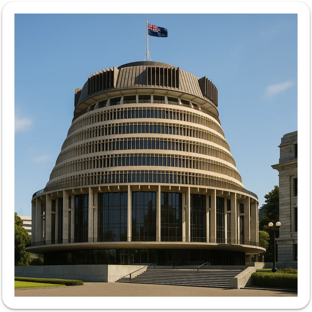 the Beehive Parliament building in Wellington, New Zealand, iconic cylindrical modernist architecture, recognizable silhouette, no text sticker
