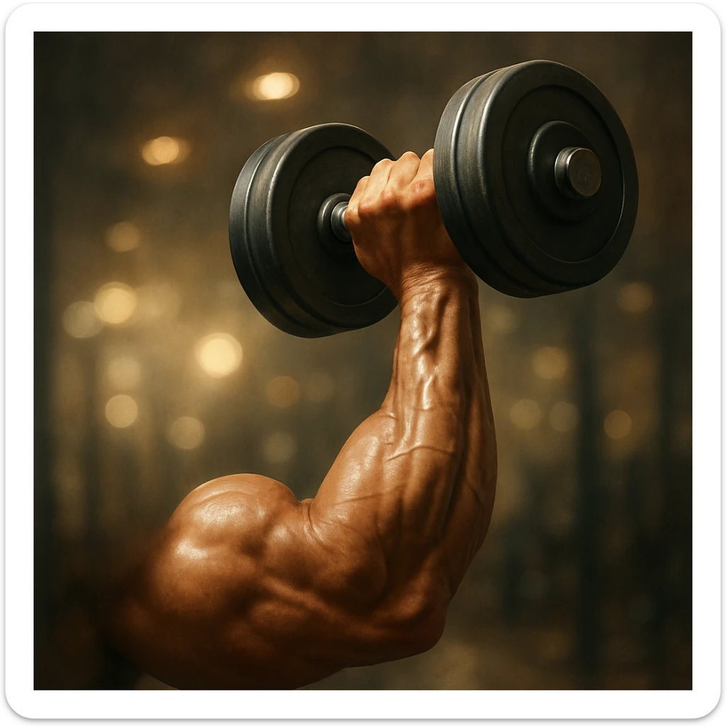 realistic illustration of a well-developed bicep muscle lifting a dumbbell, focus on the arm and contracting bicep, motivational atmosphere sticker