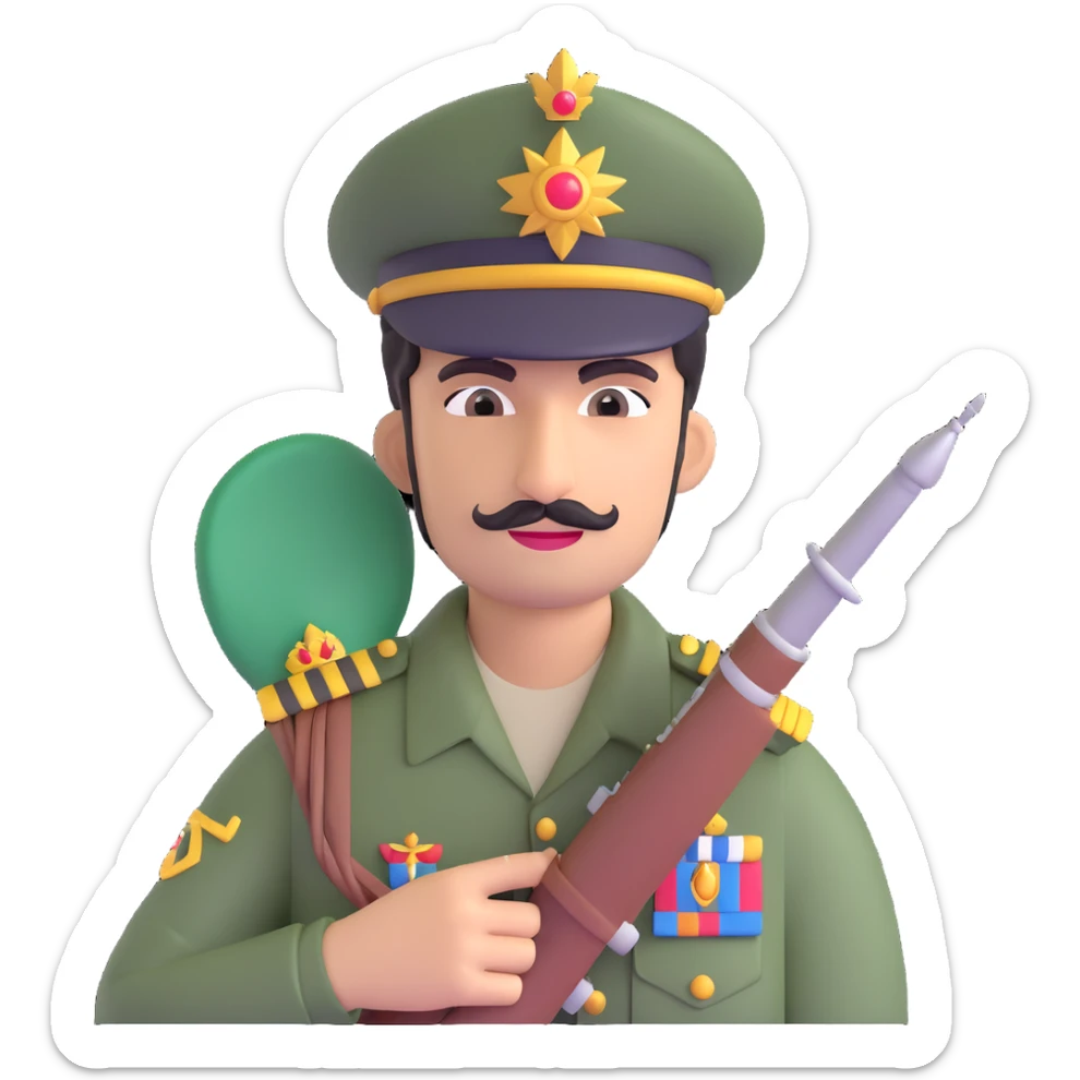 Pakistani soldier wearing a king's hat holding an Indian jet, detailed, expressive sticker
