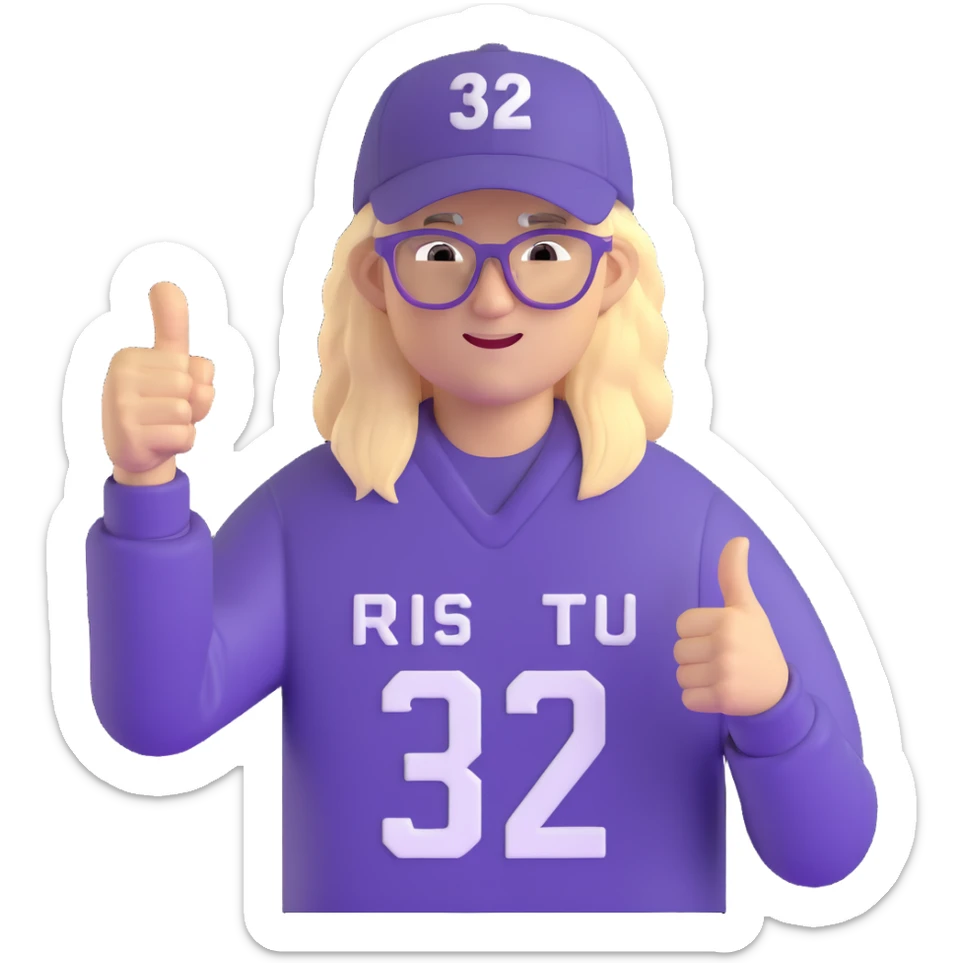 Man with black and white cap, purple sports jersey with number 32, clear glasses, messy light blond mullet hairstyle, thumbs up, content expression sticker
