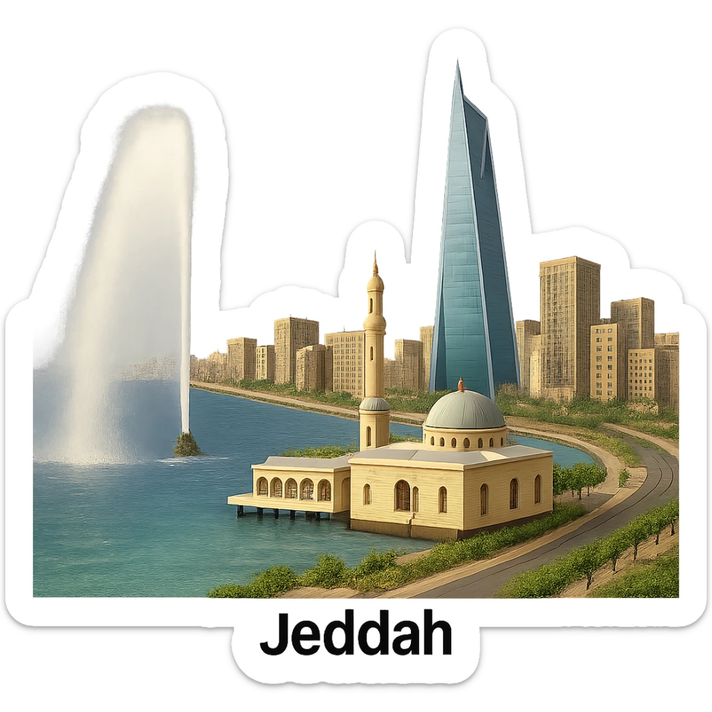 cinematic realistic emoji of Jeddah, wide city view with iconic landmarks King Fahd Fountain, Jeddah Tower, Corniche Mosque, lifelike detail, accurate colors, bright daytime lighting, fully transparent background, no sky, no clouds sticker