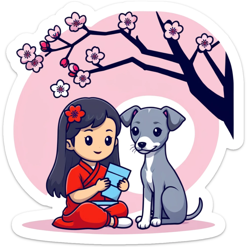 A young Chinese girl with long black hair and a pure grey Italian Greyhound with no white markings sitting under a cherry blossom tree sticker