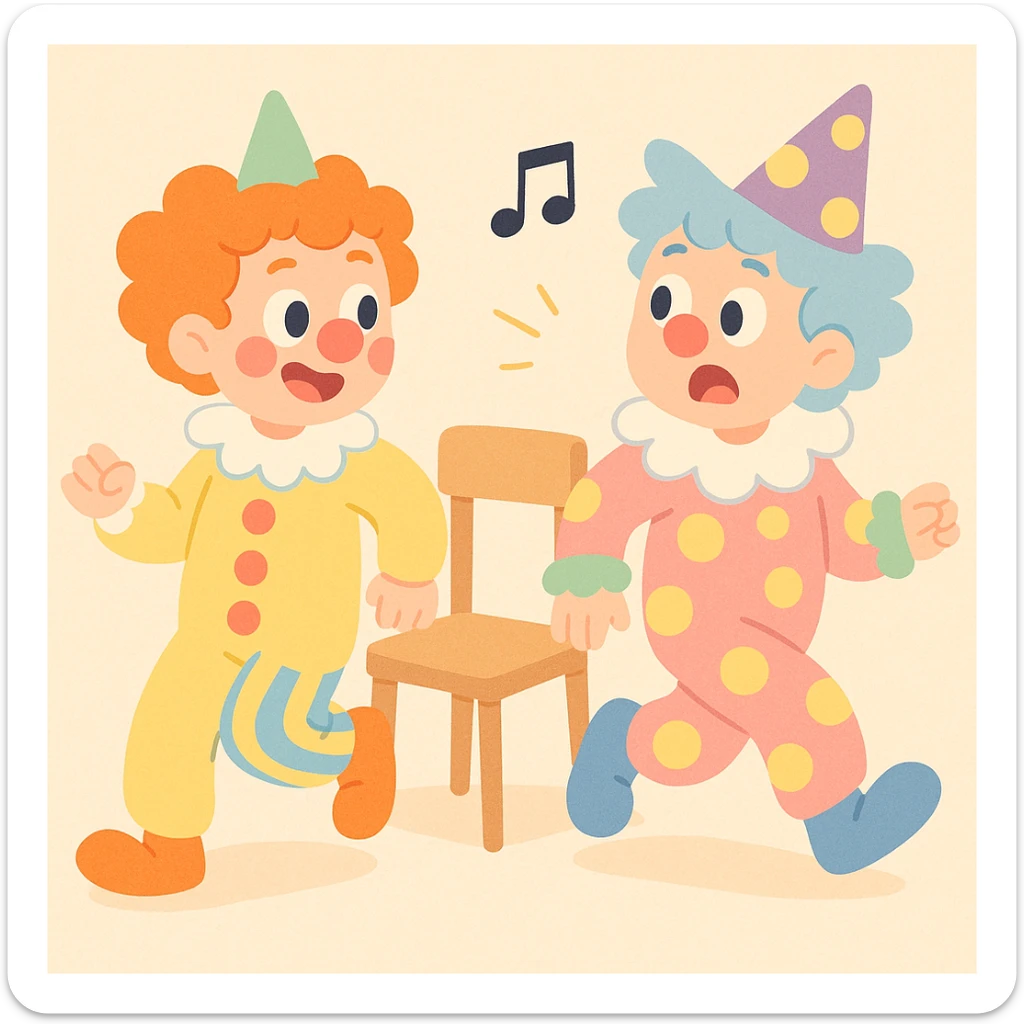 two clowns playing musical chairs, soft colors, cute and whimsical pastel toon style sticker