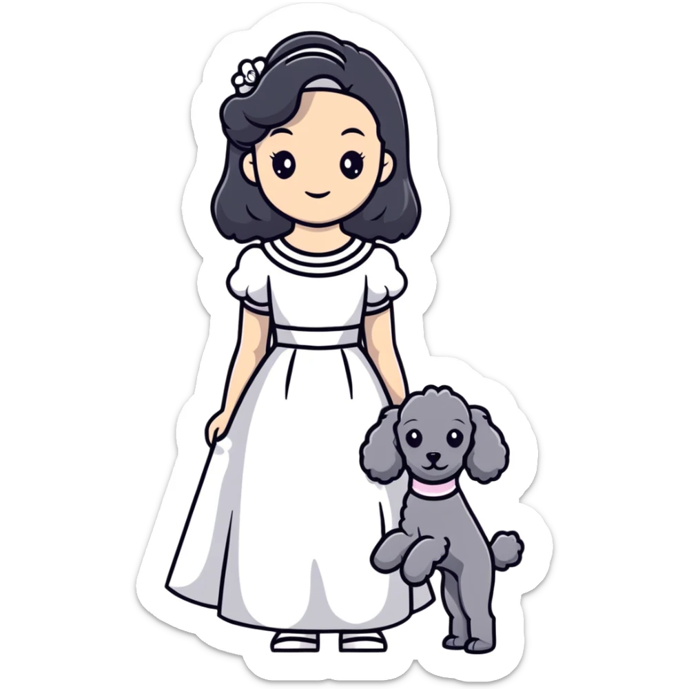 beautiful girl with long black hair in a white dress holding a small gray poodle sticker