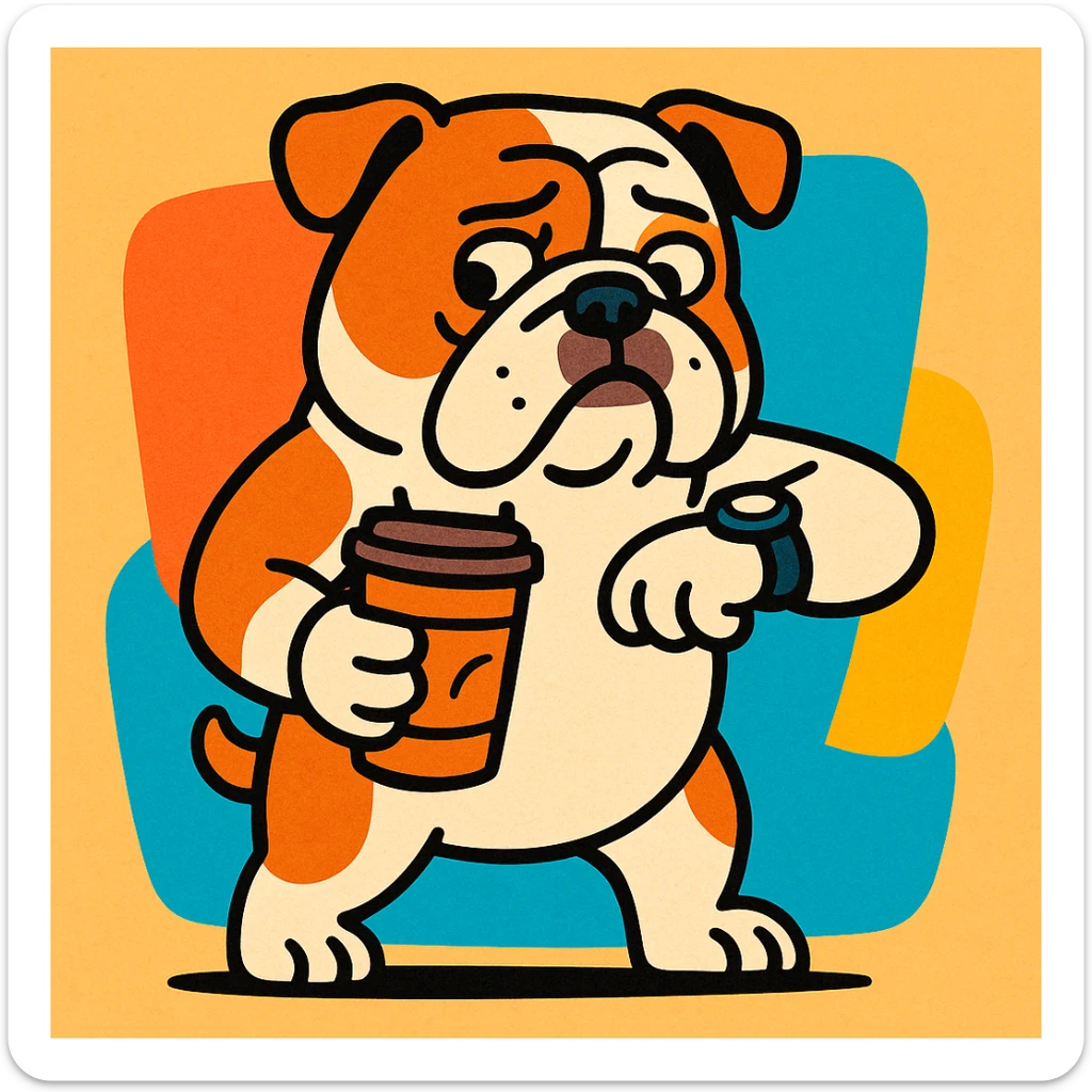 English Bulldog standing with a to-go coffee cup, glancing at a watch, vibrant cartoon style sticker