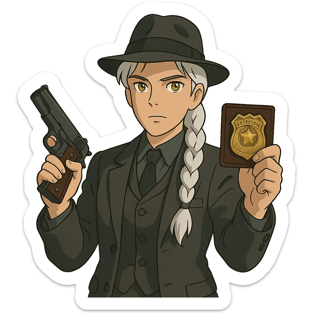 1 female, 1920's mens suit, long white hair braid, gold yellow eyes, muted dark colors, brandishing a colt 1911 and a detective badge sticker