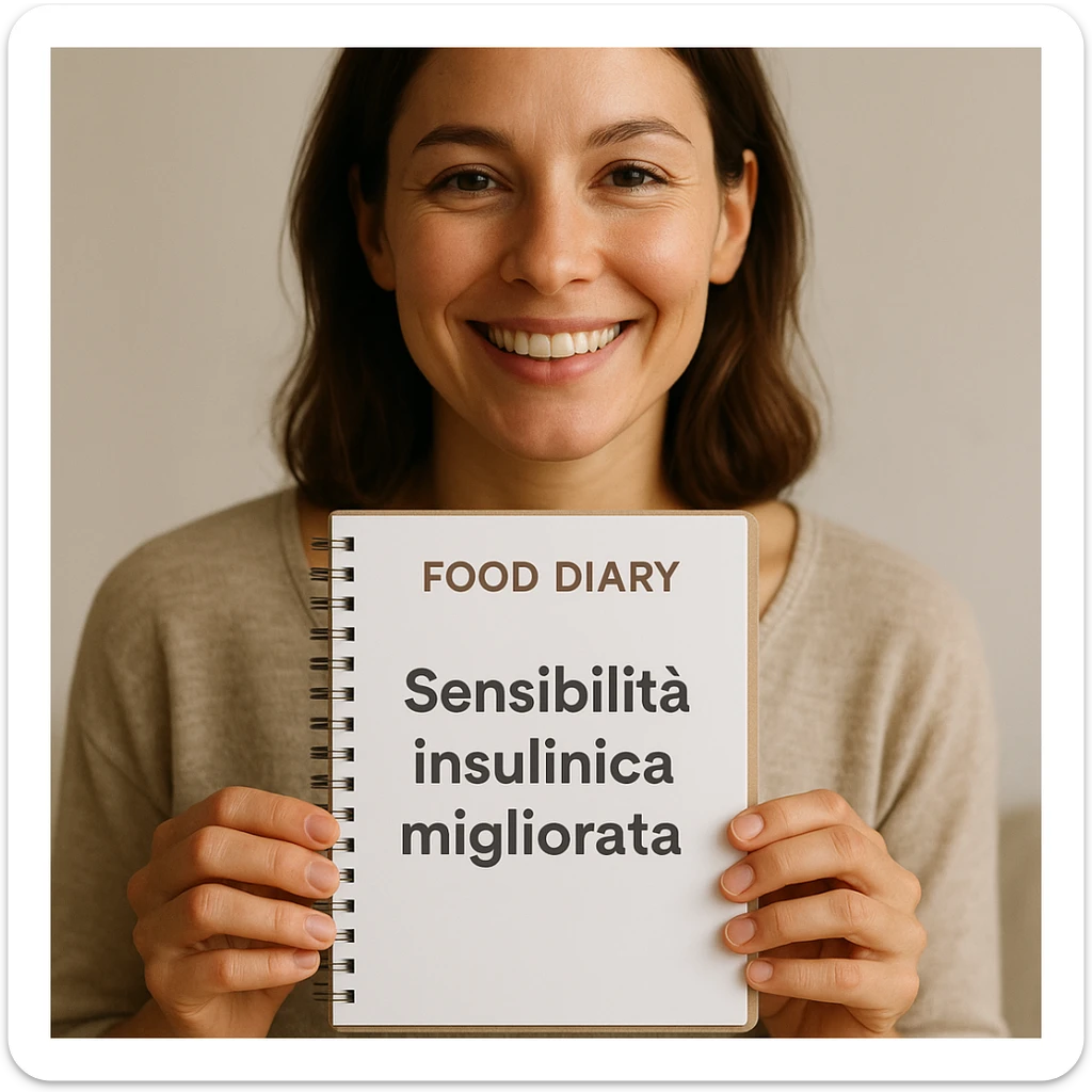 close-up of a smiling woman holding a food diary with Italian text 'Sensibilità insulinica migliorata', neutral background, wellness atmosphere, 4K quality sticker