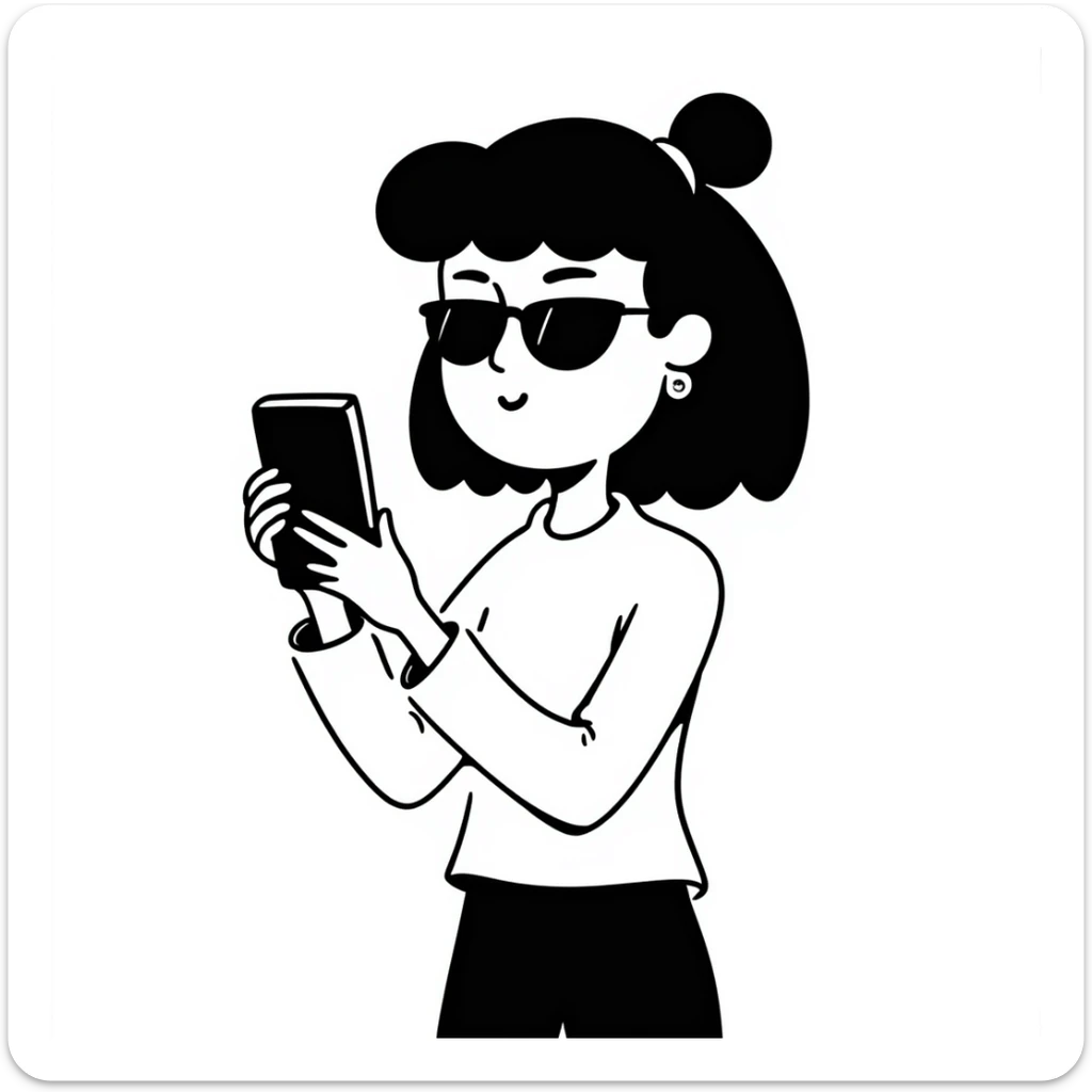 Girl with huge lips, sunglasses, bow on her hair, holding a phone with attitude sticker