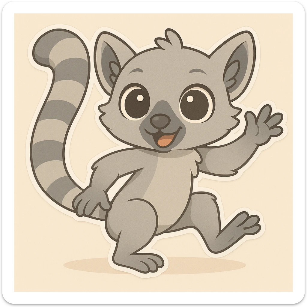 Change the cartoon lemur to have grey fur, keep the playful pose and big eyes, same chibi stickers style. sticker