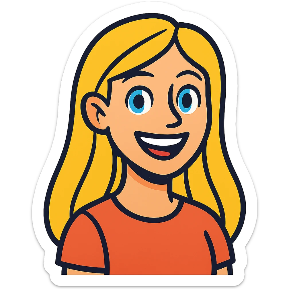 cartoon style portrait of a smiling female with long blonde hair and blue eyes sticker