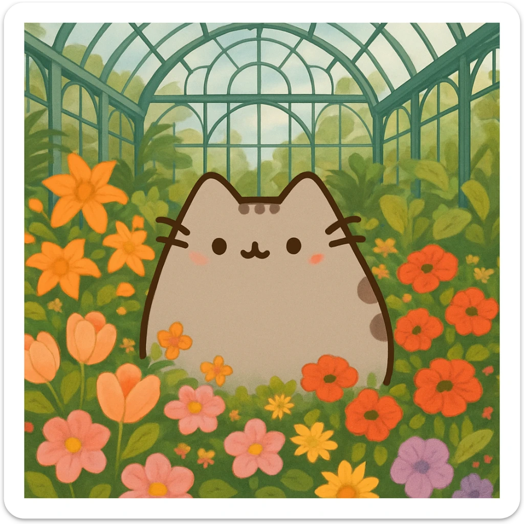 pusheen cat surrounded by flowers in a botanical garden greenhouse sticker