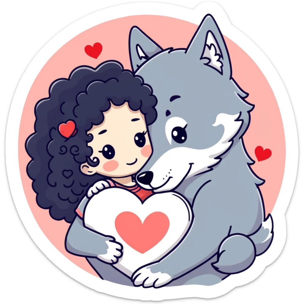 Black curly hair white skin girl hugging one big wolf with hearts above them sticker