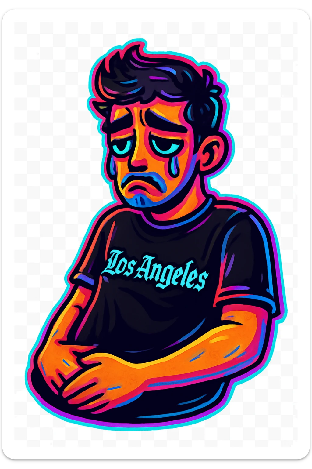 Convert the photo to a cartoon sticker in the style of Flux Pro with a sad expression and transparent background. The style should reflect the vibrant and pop colors typical of Flux Pro cartoon stickers. sticker