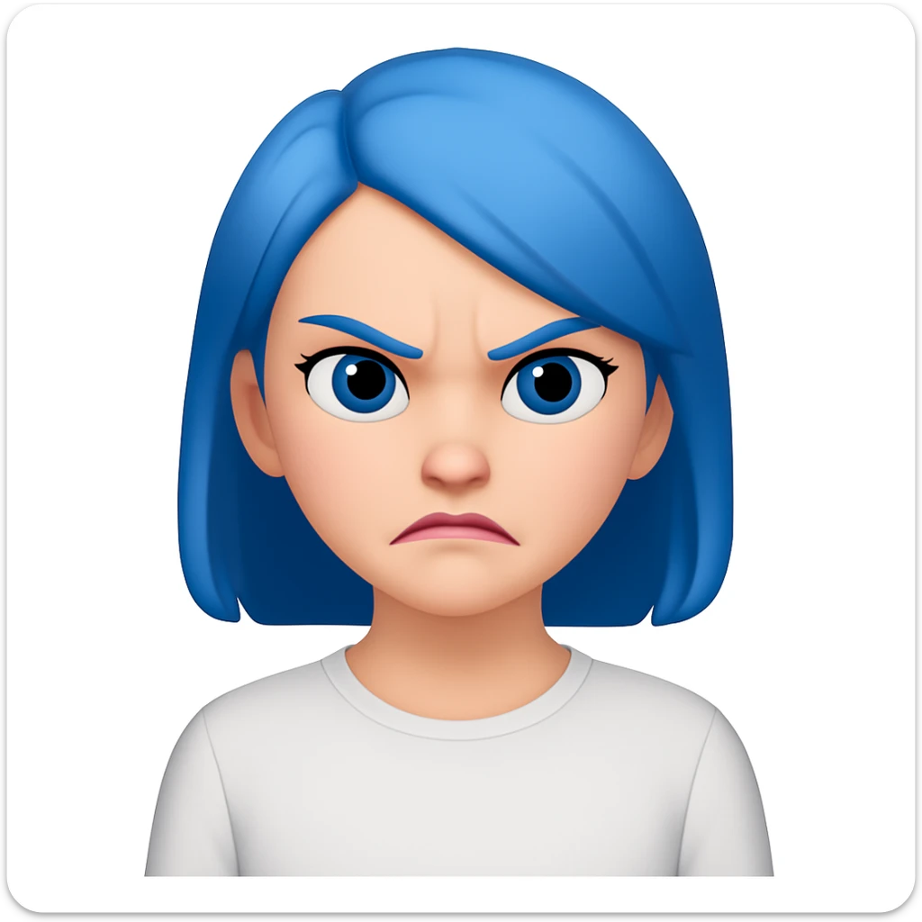 emoji of a girl with blue hair to shoulders, blue eyes, pink lips, wearing a white shirt, angry expression sticker