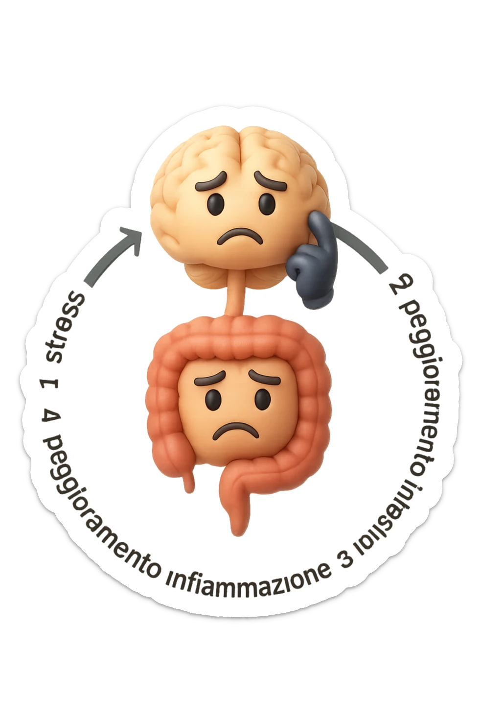 EMOJI STILE IPHONE 3D DI un cerchio con queste scritte che girano intorno in ordine per come li ho scritti "1. stress → 2. peggioramento intestinale → 3. aumento infiammazione → 4. peggioramento sintomi intestinali e sistemici." al centro del cerchio metti un cervello e intestino umani collegati verticalmente con espressione dubbiosa in volto, FALLO MOLTO REALISTICO IN 3D sticker