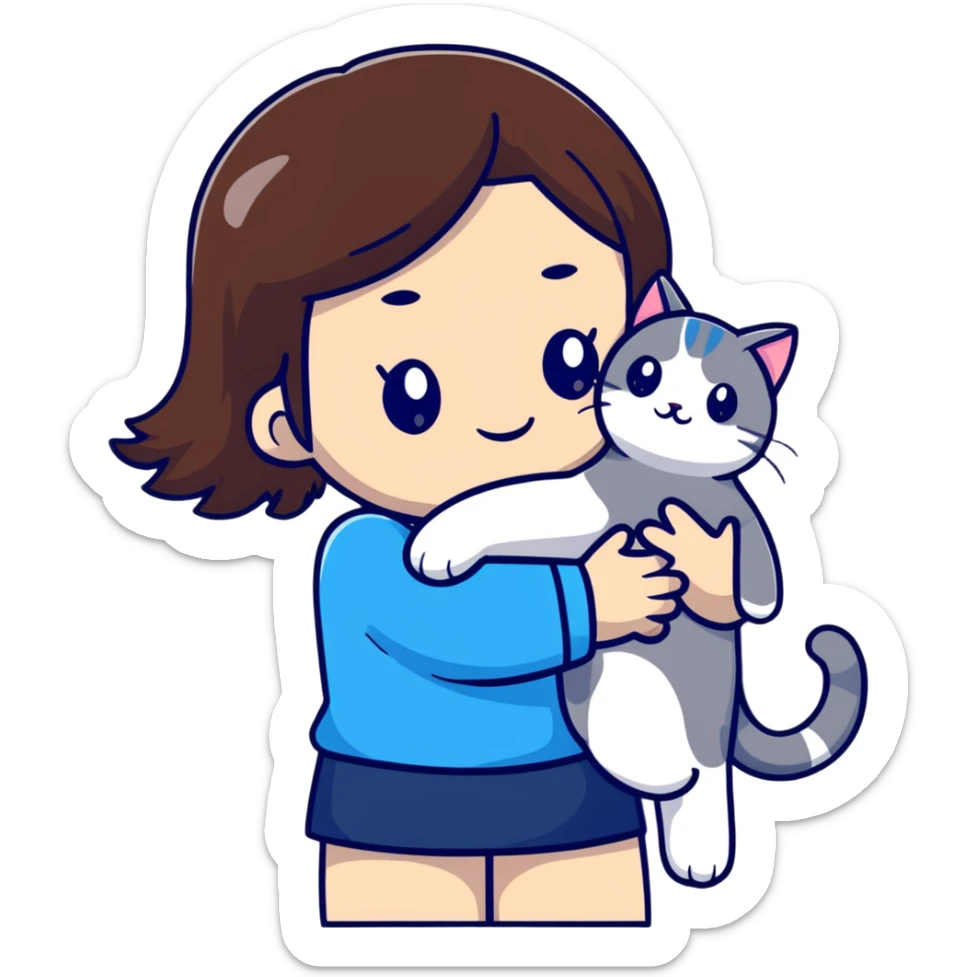 brown-haired Asian girl hugging her blue and white Manchikon cat, both cheerful sticker