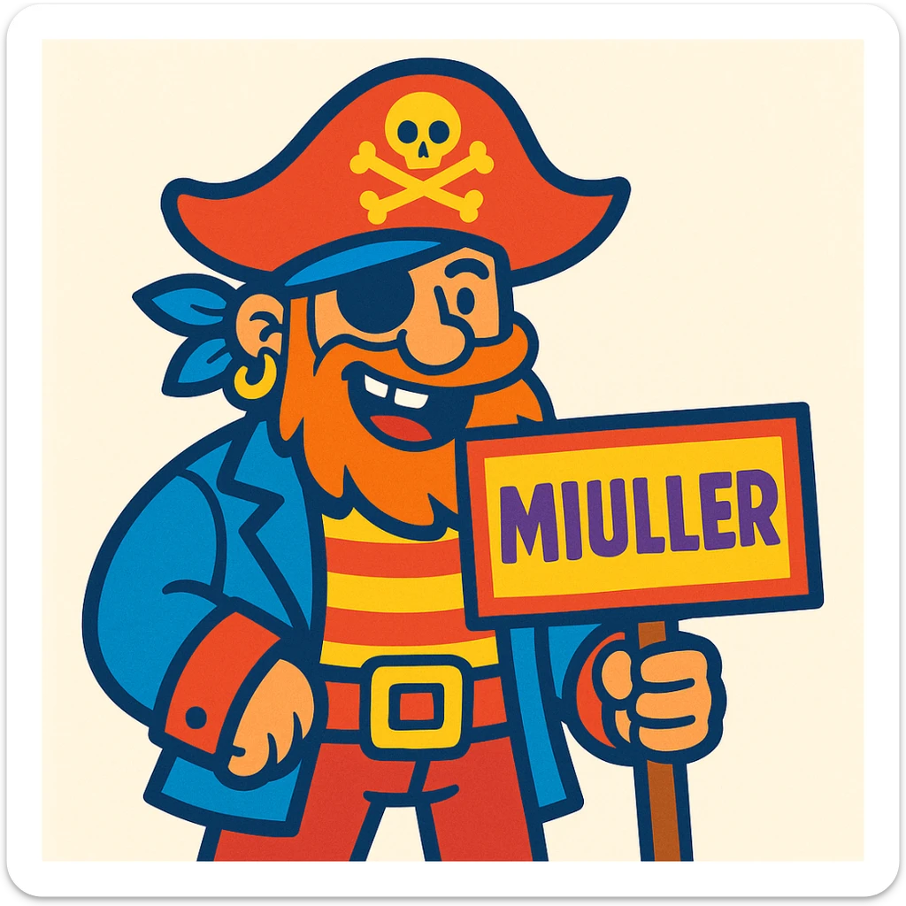 a cartoonish pirate holding a sign that says MIULLER, vibrant cartoon style, bright colors, light background sticker