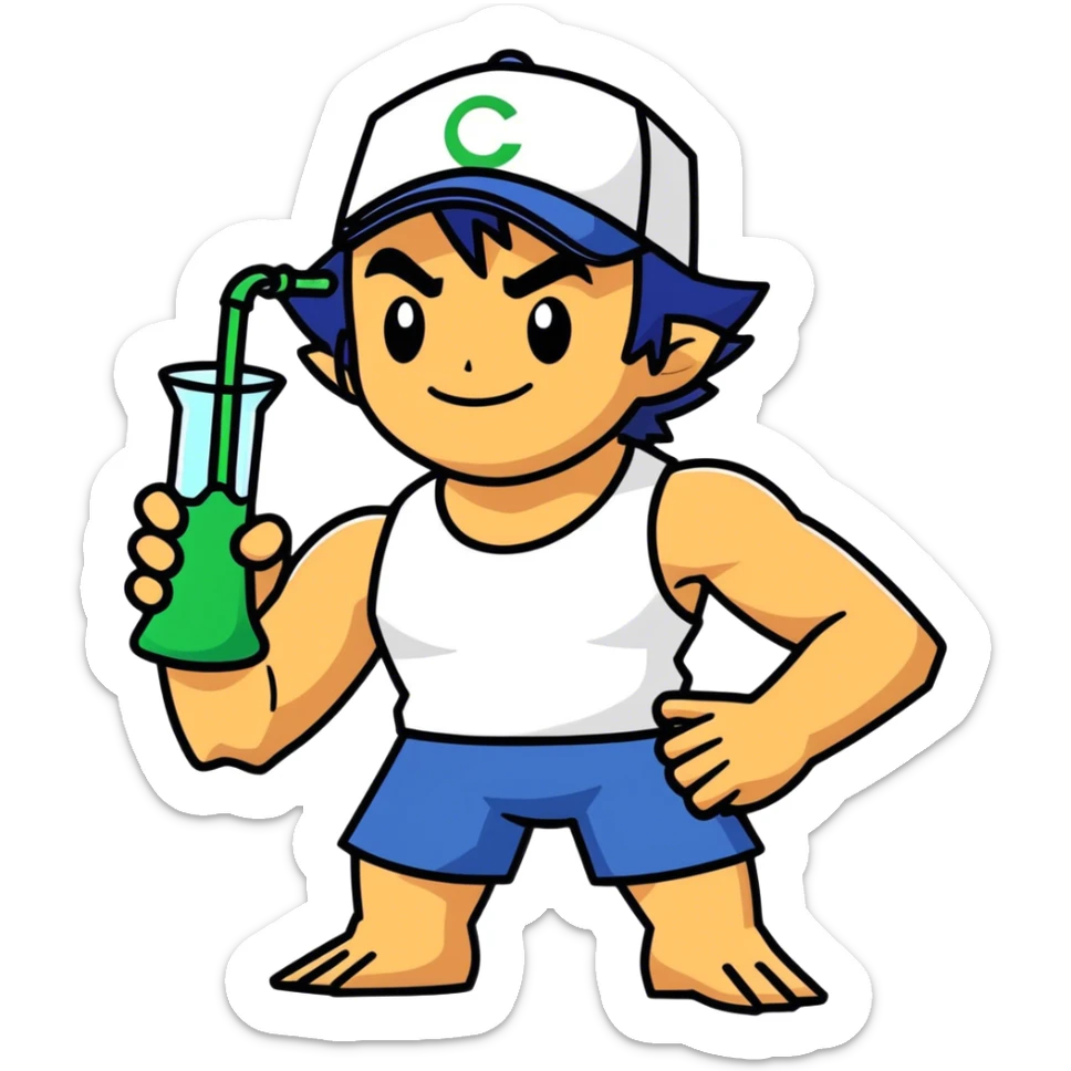 Hot handsome muscular 6ft 5inch tall smiling happy fun shirtless Ash Ketchum a friend taking a rip from a beaker style bong sticker