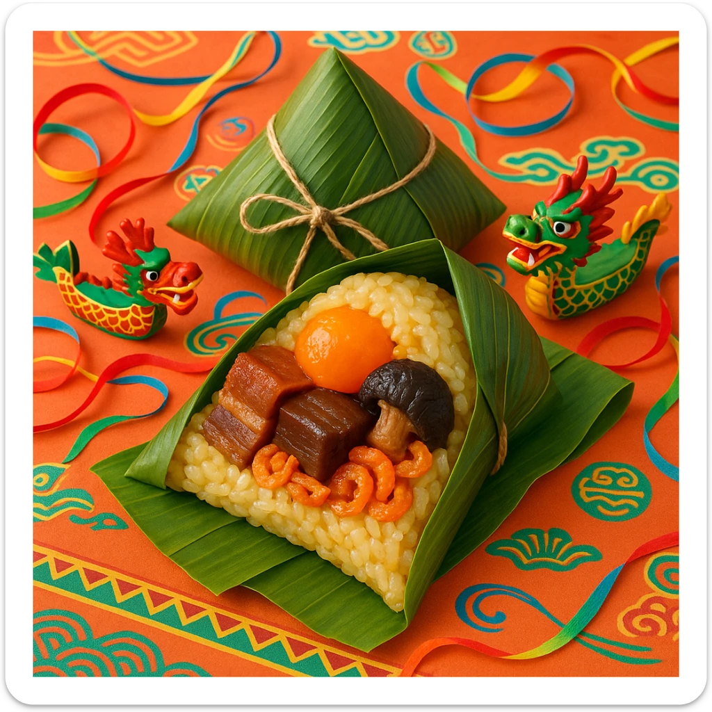 A festive zongzi with sticky rice, salted egg yolk, braised pork belly, mushroom, and dried shrimp filling, wrapped in green bamboo leaves, with Dragon Boat Festival decorations. sticker
