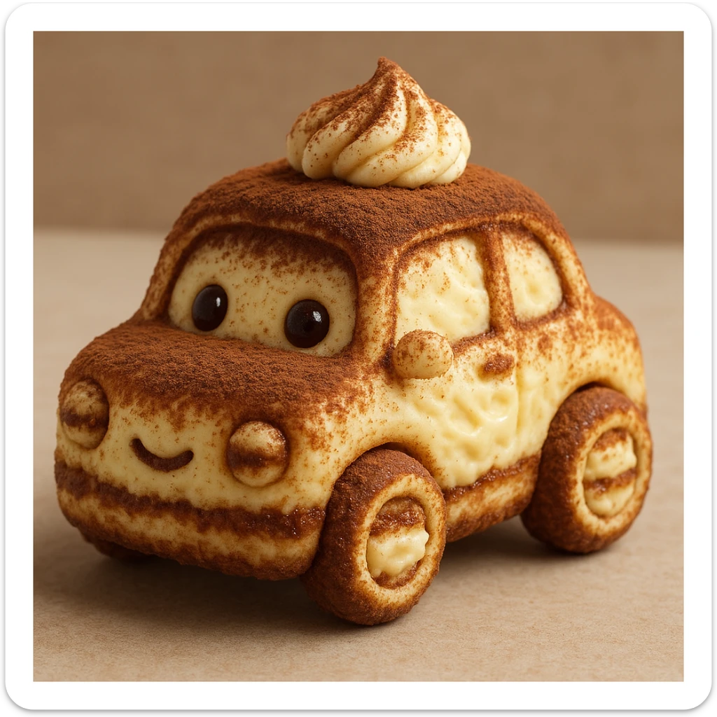 adorable car made entirely of tiramisu, with a dusting of cocoa and creamy texture, dessert-inspired, playful and cute sticker