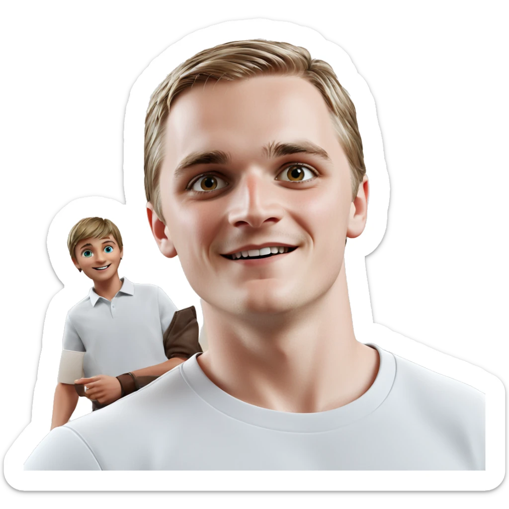 smiling boy in white shirt sticker