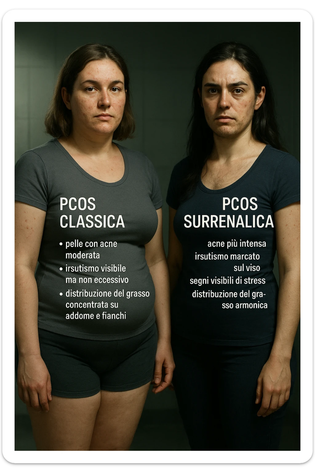 Illustrazione verticale realistica e cinematografica in italiano: a sinistra una donna con PCOS classica, a destra una donna con PCOS surrenalica. Differenze visive nei sintomi come acne, irsutismo, distribuzione del grasso, segni di stress. Atmosfera clinica con luci drammatiche. Didascalie in italiano. Aspect ratio 2:3. sticker