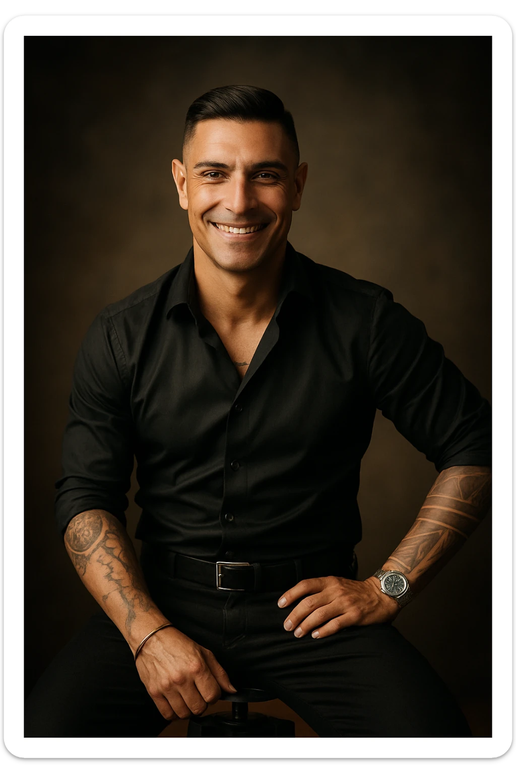 Realistic and cinematic style portrait of a man conveying physical and mental well-being: open posture, authentic smile, relaxed and bright gaze, details suggesting positive energy and inner harmony. Aspect ratio 2:3. sticker